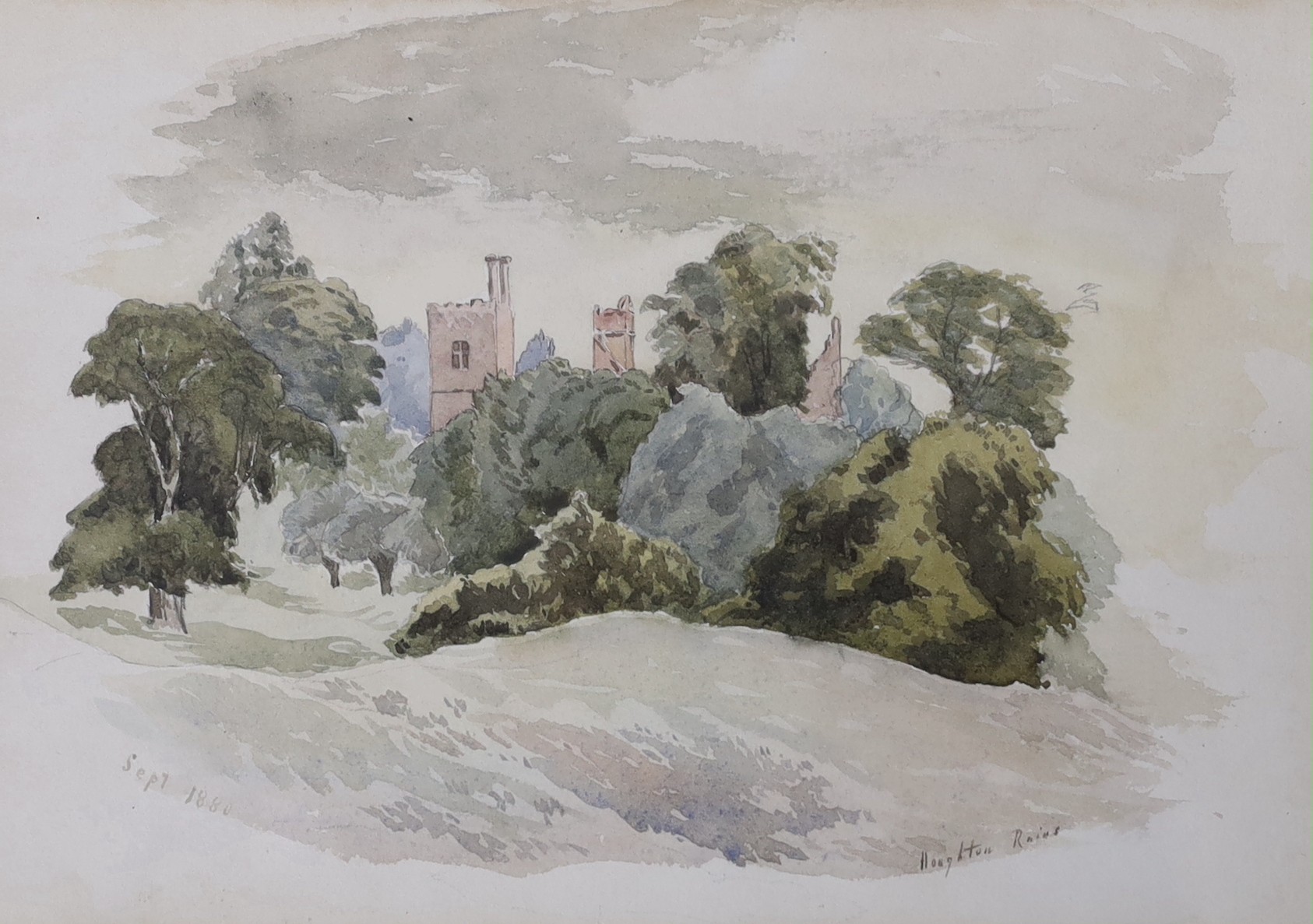 Victorian School, three watercolours, Houghton Ruins and View of a Country House and a View of a Cathedral, 17 x 25cm